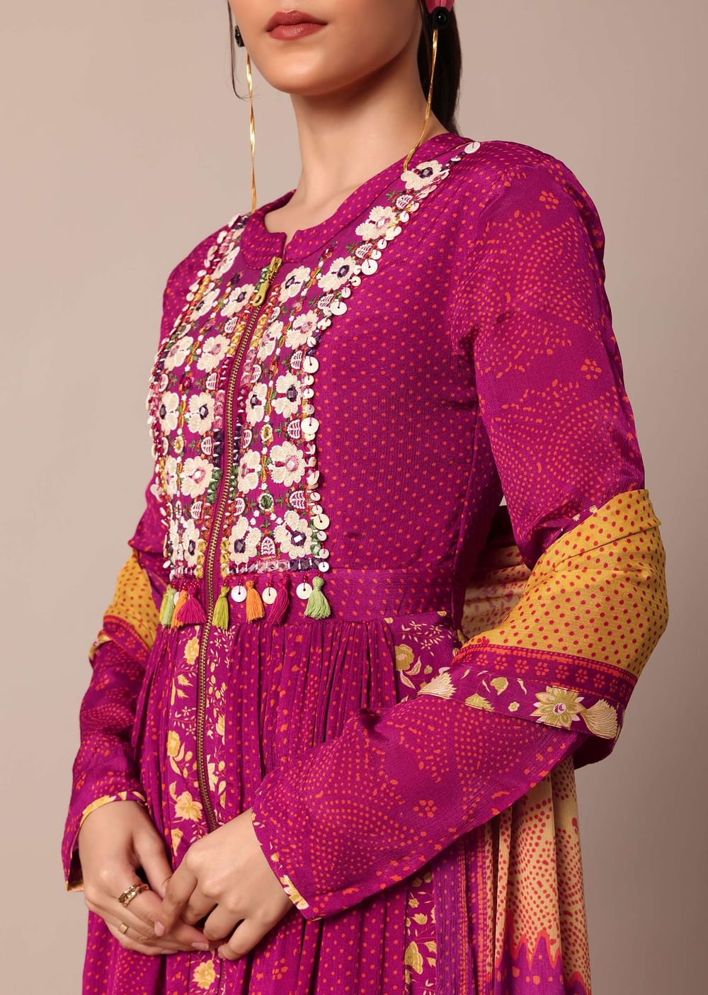 Magenta Pink Printed Embroidery Anarkali Pant Set With Dupatta