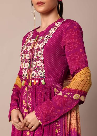 Magenta Pink Printed Embroidery Anarkali Pant Set With Dupatta