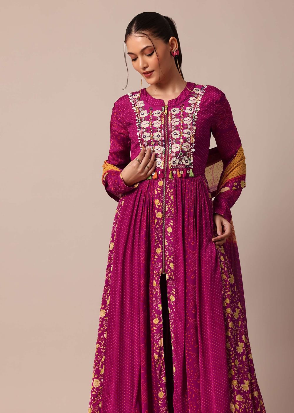 Magenta Pink Printed Embroidery Anarkali Pant Set With Dupatta