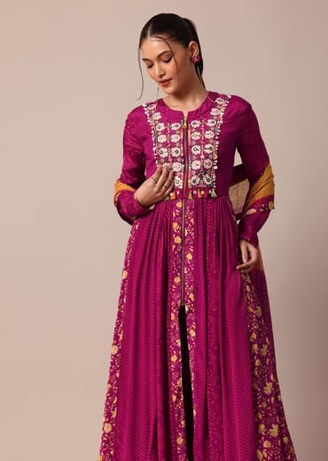 Magenta Pink Printed Embroidery Anarkali Pant Set With Dupatta
