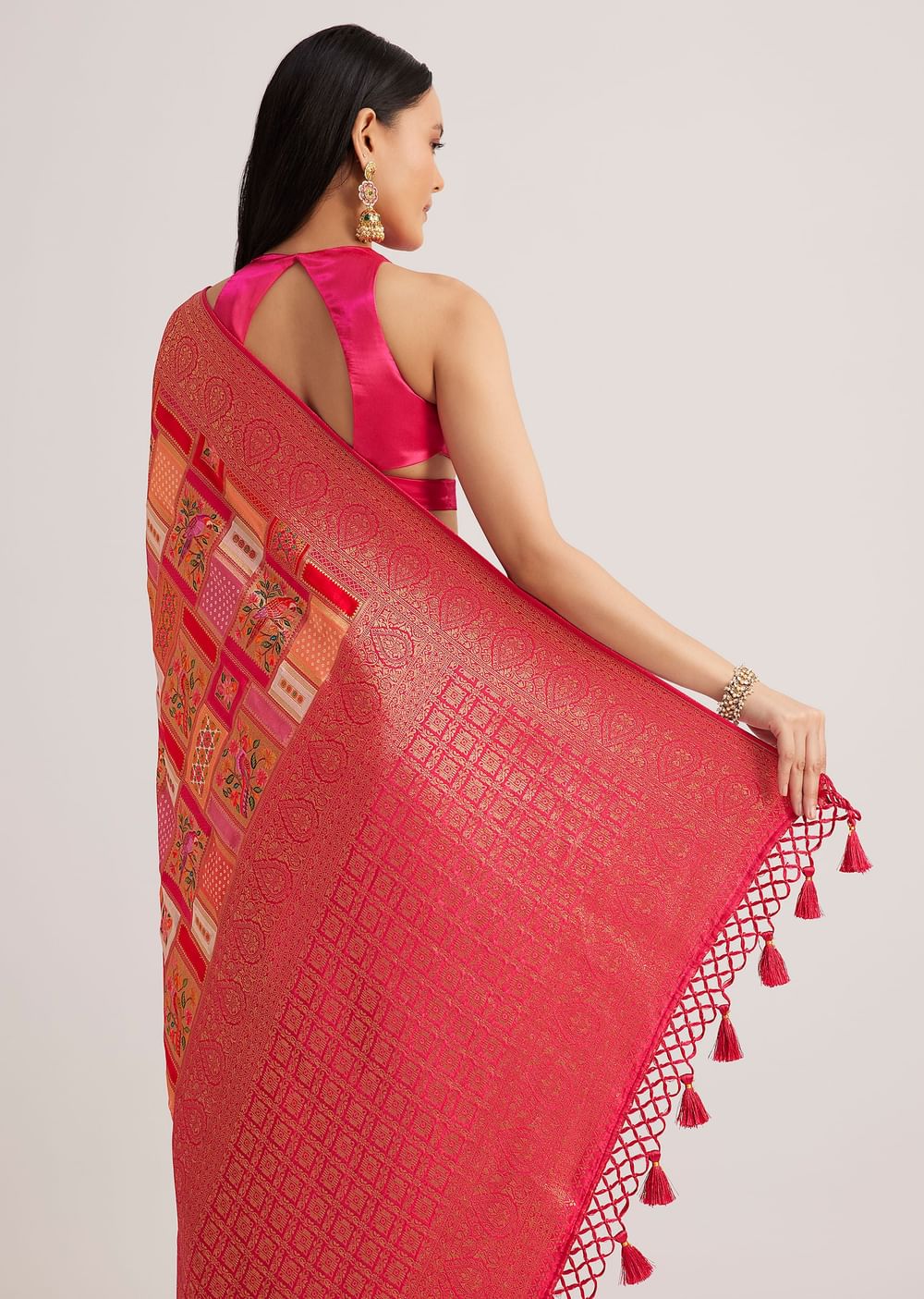 Magenta Pink Satin Silk Saree With Woven Work