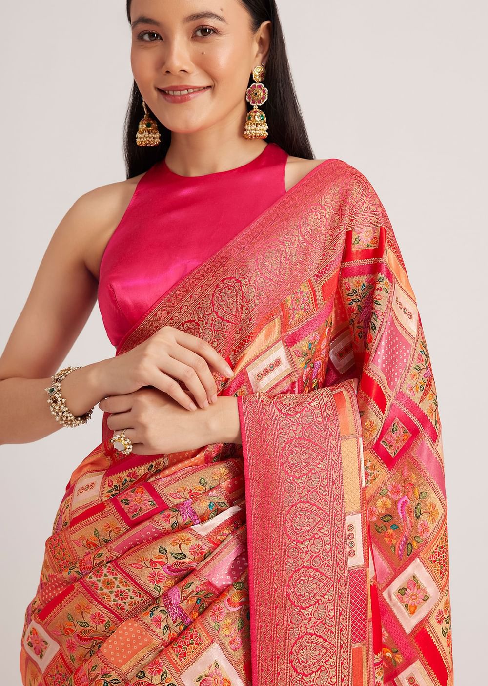 Magenta Pink Satin Silk Saree With Woven Work