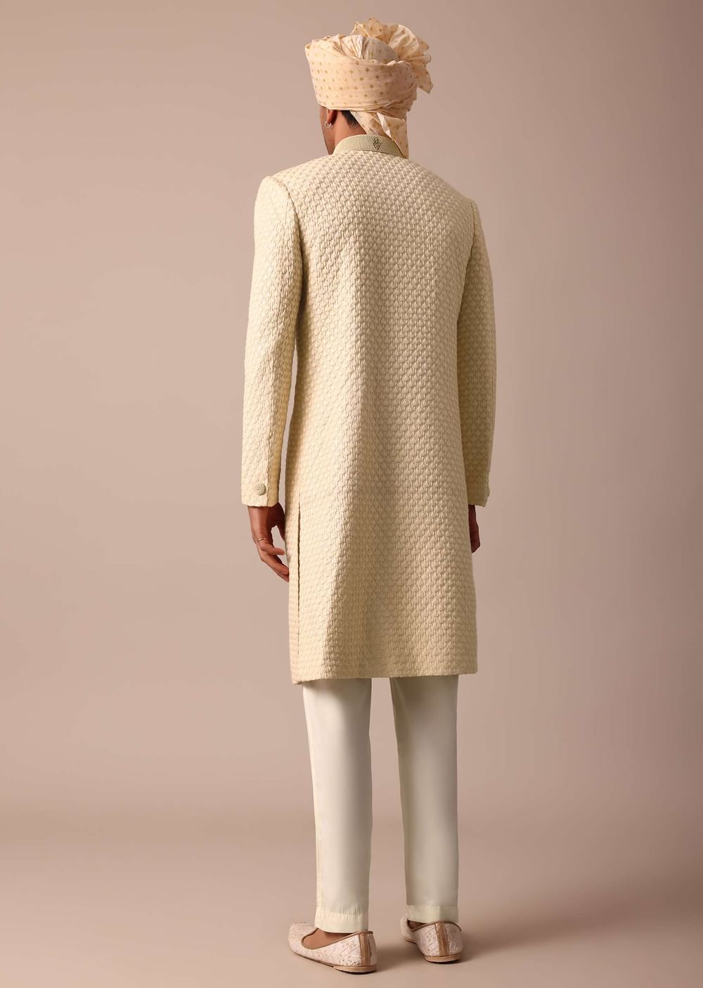 Magnificent Beige Silk Lucknowi Sherwani Set