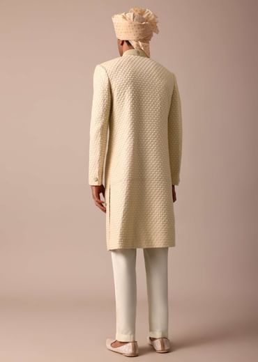 Magnificent Beige Silk Lucknowi Sherwani Set
