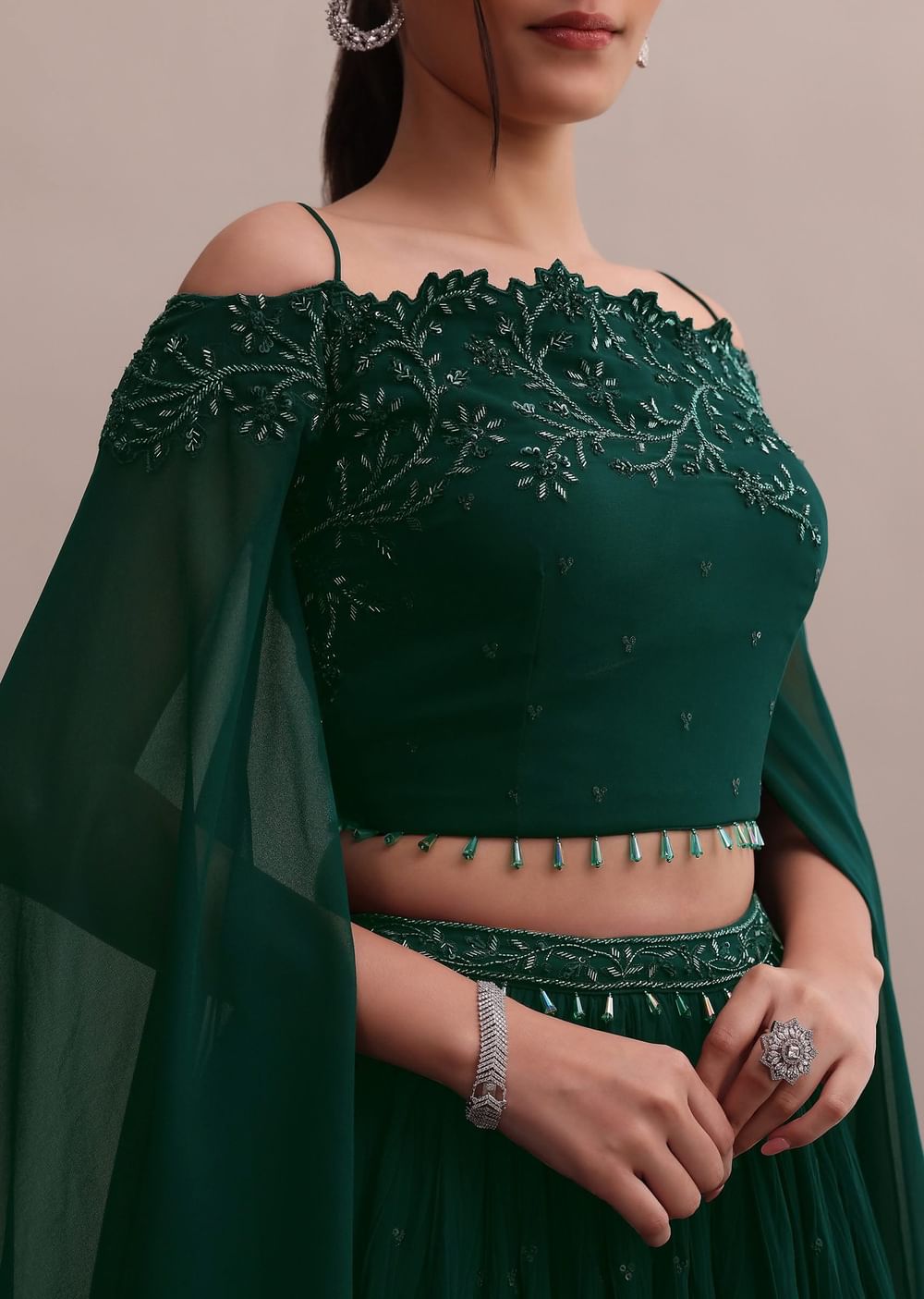Majestic Dark Green Georgette Embroidered Off-Shoulder Crop Top Lehenga Set