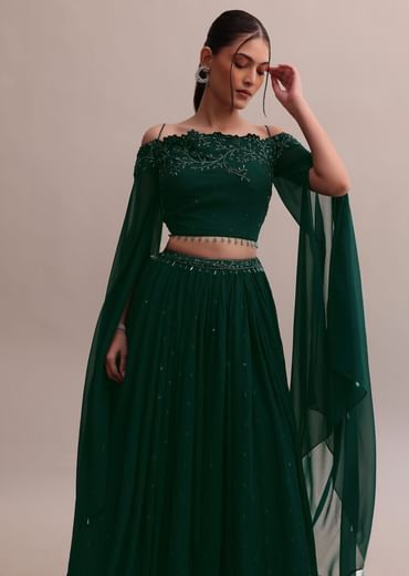 Majestic Dark Green Georgette Embroidered Off-Shoulder Crop Top Lehenga Set
