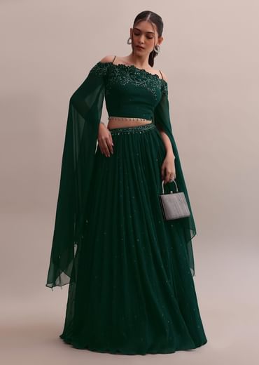 Majestic Dark Green Georgette Embroidered Off-Shoulder Crop Top Lehenga Set