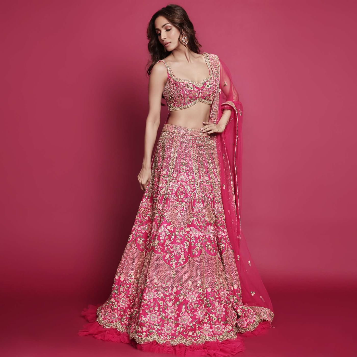 Malaika Arora In Kalki French Pink Raw Silk Heavy Embroidered Lehenga With Net Ruching