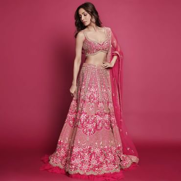 Malaika Arora In Kalki French Pink Raw Silk Heavy Embroidered Lehenga With Net Ruching