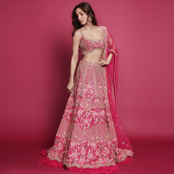 Malaika Arora In Kalki French Pink Raw Silk Heavy Embroidered Lehenga With Net Ruching