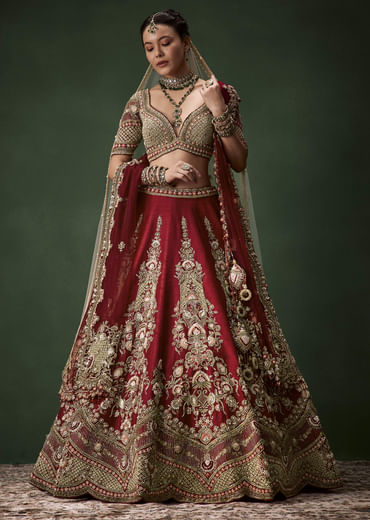 Maroon Bridal Lehenga Set In Raw Silk with Two Dupattas