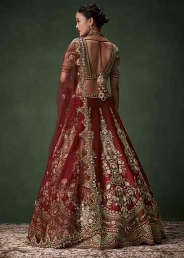 Maroon Bridal Lehenga Set In Raw Silk with Two Dupattas