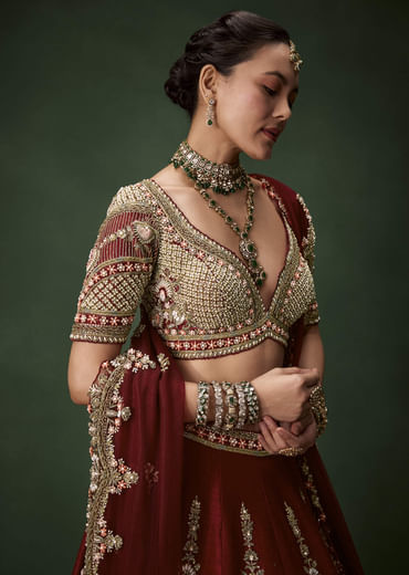 Maroon Bridal Lehenga Set In Raw Silk with Two Dupattas