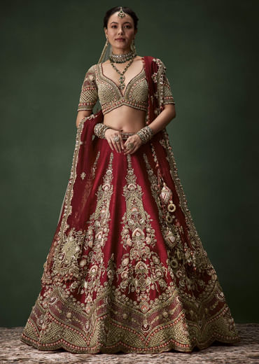 Maroon Bridal Lehenga Set In Raw Silk with Two Dupattas