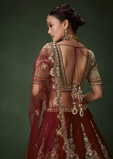 Maroon Bridal Lehenga Set In Raw Silk with Two Dupattas