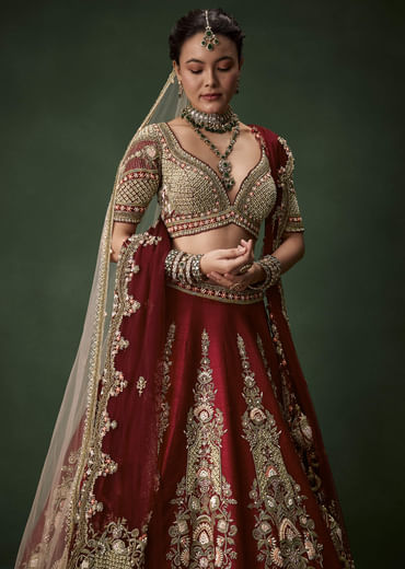 Maroon Bridal Lehenga Set In Raw Silk with Two Dupattas