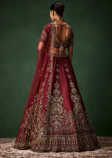 Maroon Bridal Moti Silk Lehenga Set with  Two Dupattas