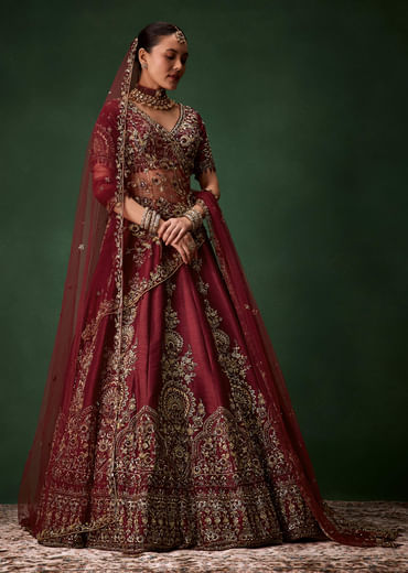 Maroon Bridal Moti Silk Lehenga Set with  Two Dupattas
