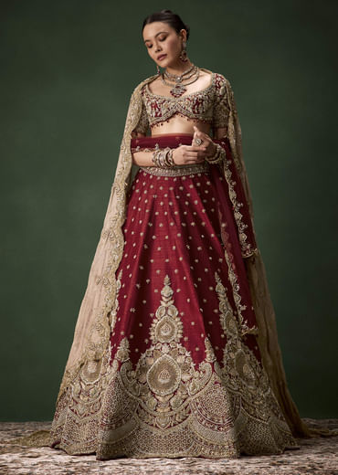 Maroon Bridal Patchwork Silk Lehenga Set with  Two Dupattas