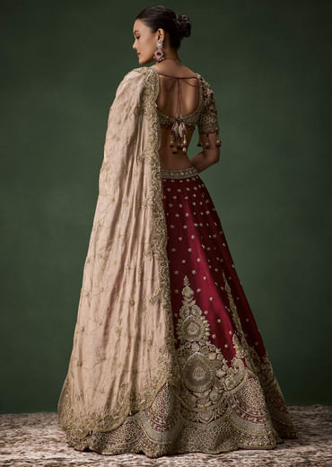 Maroon Bridal Patchwork Silk Lehenga Set with  Two Dupattas