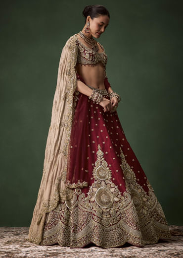 Maroon Bridal Patchwork Silk Lehenga Set with  Two Dupattas