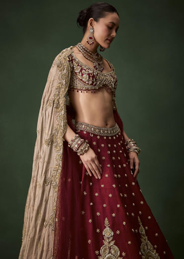 Maroon Bridal Patchwork Silk Lehenga Set with  Two Dupattas