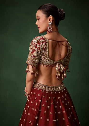 Maroon Bridal Patchwork Silk Lehenga Set with  Two Dupattas