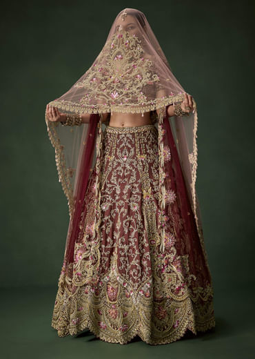Maroon Bridal Silk Embellished Lehenga Set with  Two Dupattas