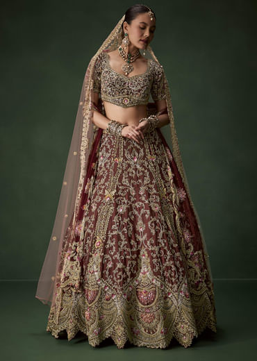 Maroon Bridal Silk Embellished Lehenga Set with  Two Dupattas