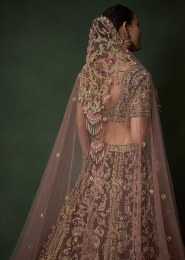 Maroon Bridal Silk Embellished Lehenga Set with  Two Dupattas