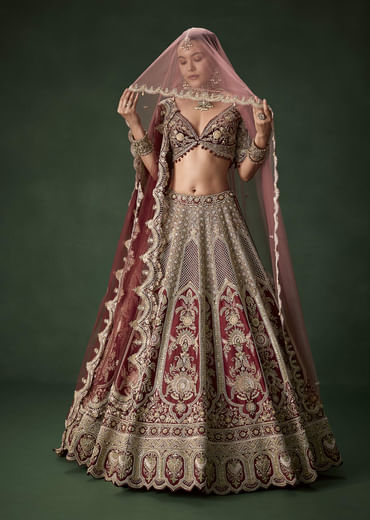 Maroon Bridal Silk Sequin Lehenga Set with  Two Dupattas