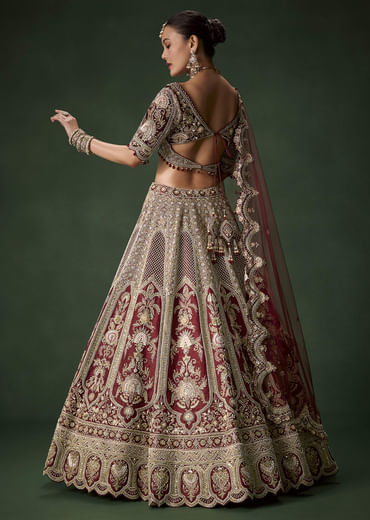 Maroon Bridal Silk Sequin Lehenga Set with  Two Dupattas