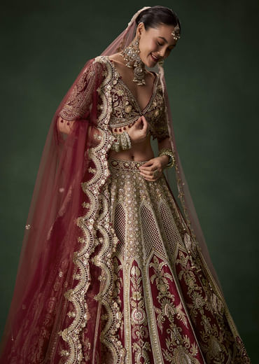 Maroon Bridal Silk Sequin Lehenga Set with  Two Dupattas