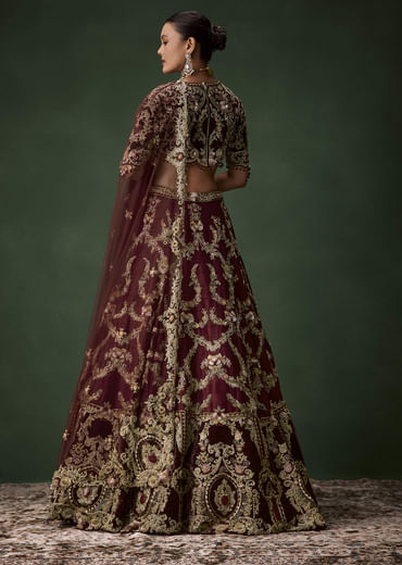 Maroon Bridal Silk Zardozi Lehenga Set with  Two Dupattas