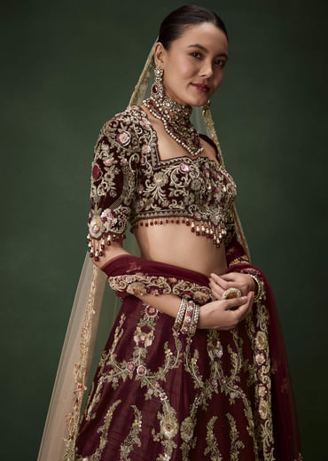 Maroon Bridal Silk Zardozi Lehenga Set with  Two Dupattas