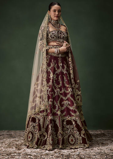 Maroon Bridal Silk Zardozi Lehenga Set with  Two Dupattas
