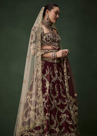 Maroon Bridal Silk Zardozi Lehenga Set with  Two Dupattas