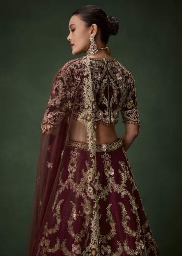 Maroon Bridal Silk Zardozi Lehenga Set with  Two Dupattas