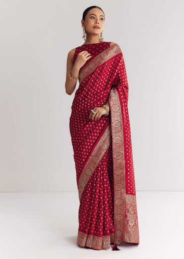 Maroon Butti Work Saree With Floral Border