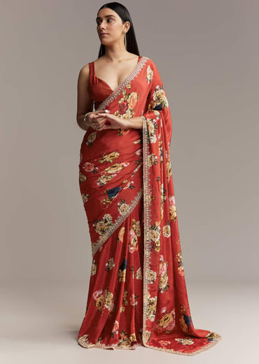 Maroon Crepe Saree With Multicolor Floral Print And Embellished Border
