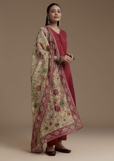 Maroon Foil Mirror Kurta Set with Kalamkari Dupatta