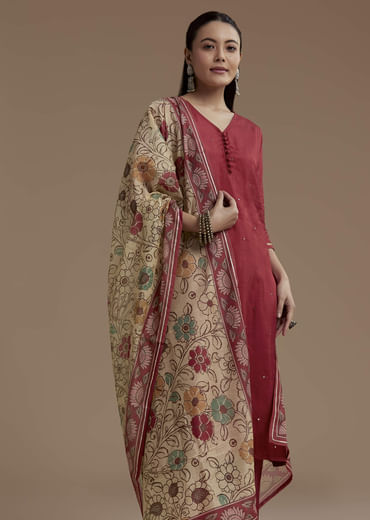 Maroon Foil Mirror Kurta Set with Kalamkari Dupatta