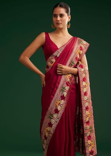 Maroon Georgette Saree With Zari And Multicolour Thread Accents