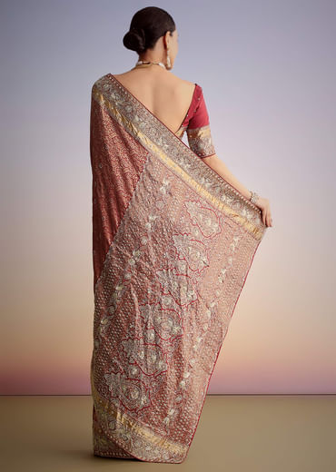 Maroon Jacquard Silk Saree With Heavy Embroidered Border And Pallu