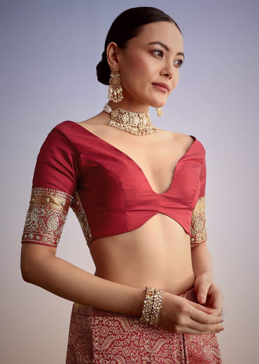 Maroon Jacquard Silk Saree With Heavy Embroidered Border And Pallu