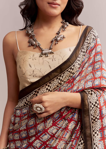 Maroon Linen Printed Saree With Traditional Ajrakh Print