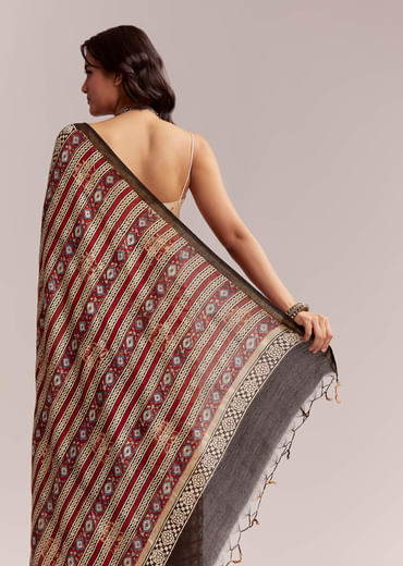 Maroon Linen Printed Saree With Traditional Ajrakh Print
