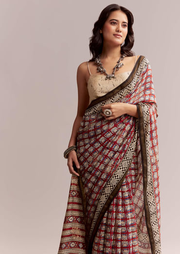 Maroon Linen Printed Saree With Traditional Ajrakh Print