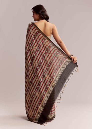 Maroon Linen Printed Saree With Traditional Ajrakh Print