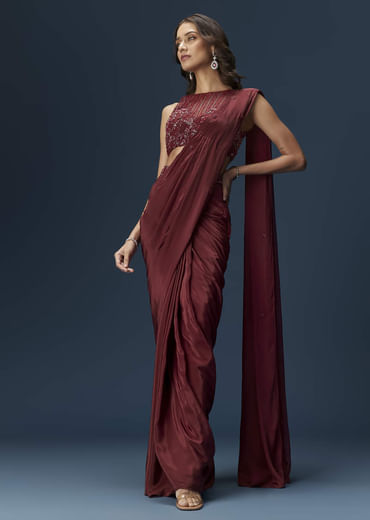 Maroon Ready Pleated Saree With High Neck Blouse